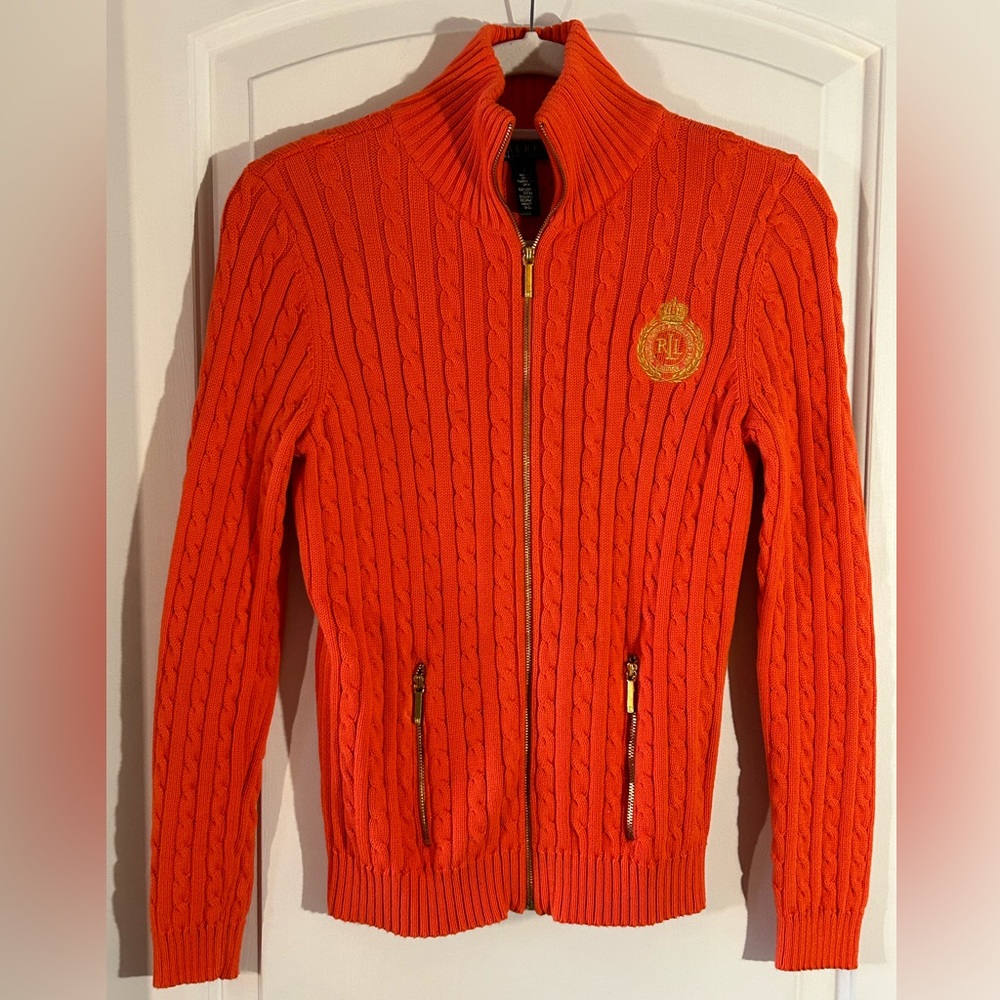 RALPH LAUREN 100% Cotton Cable Knit Cardigan Sweater Zipper Mock Neck Size S